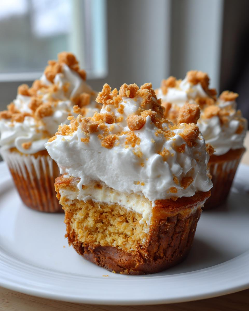 Close-up of a banana pudding cupcakes cut in half showing the cake, filling, and whipped topping with cookie crumbles.