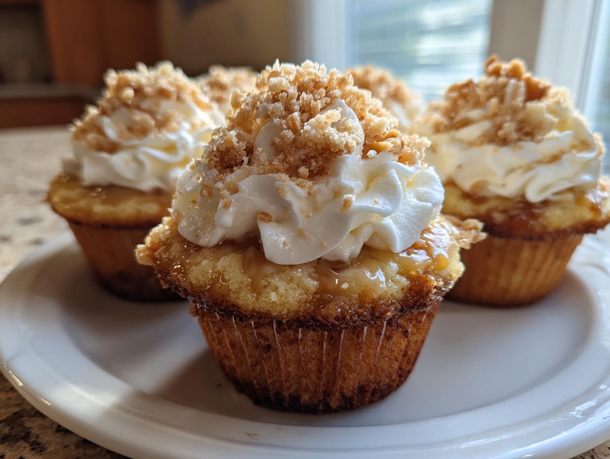 A close-up of several delicious banana pudding cupcakes topped with whipped cream and crushed wafers.