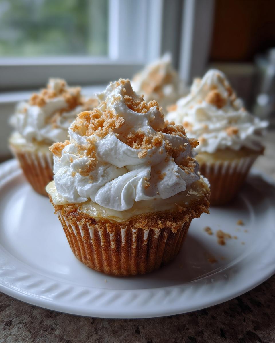 A single, beautifully frosted banana pudding cupcake topped with whipped cream and vanilla wafer crumbs, sitting on a white plate.