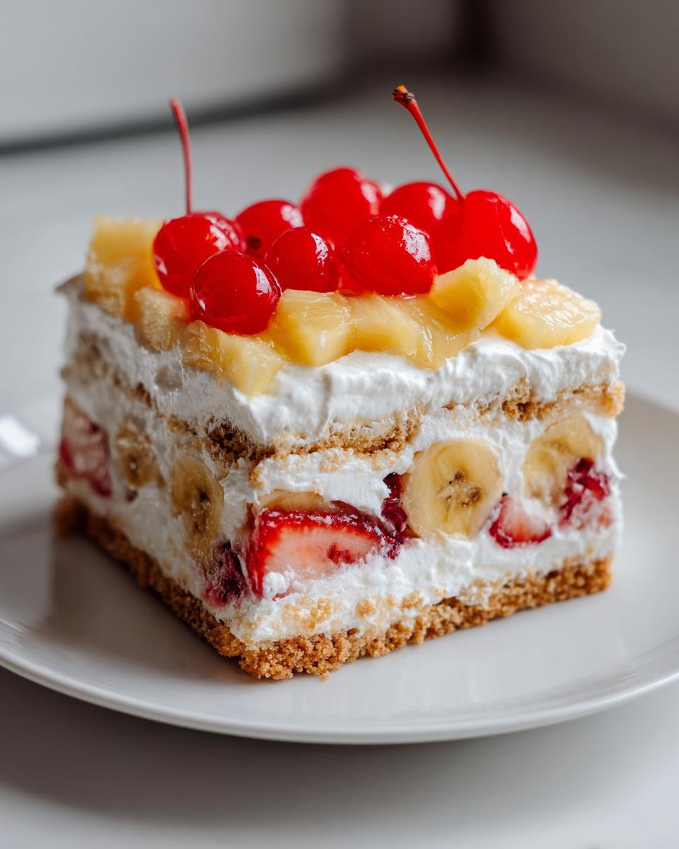 A square slice of banana split cake featuring layers of graham cracker crust, cream, bananas, strawberries, pineapple, and topped with cherries.