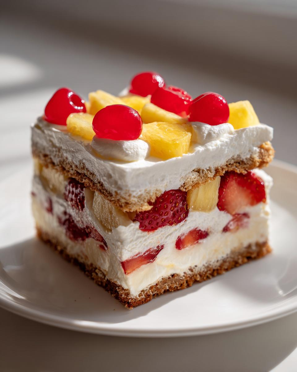 A square slice of banana split cake layered with cream, strawberries, pineapple, and topped with cherries.