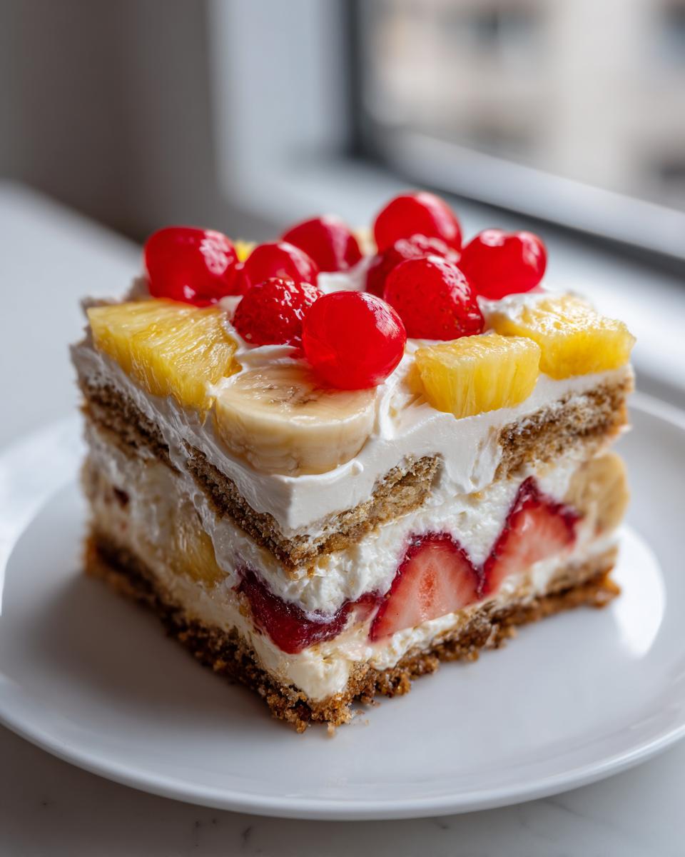 A decadent square slice of banana split cake featuring layers of graham cracker, cream, strawberries, bananas, pineapple, and cherries.