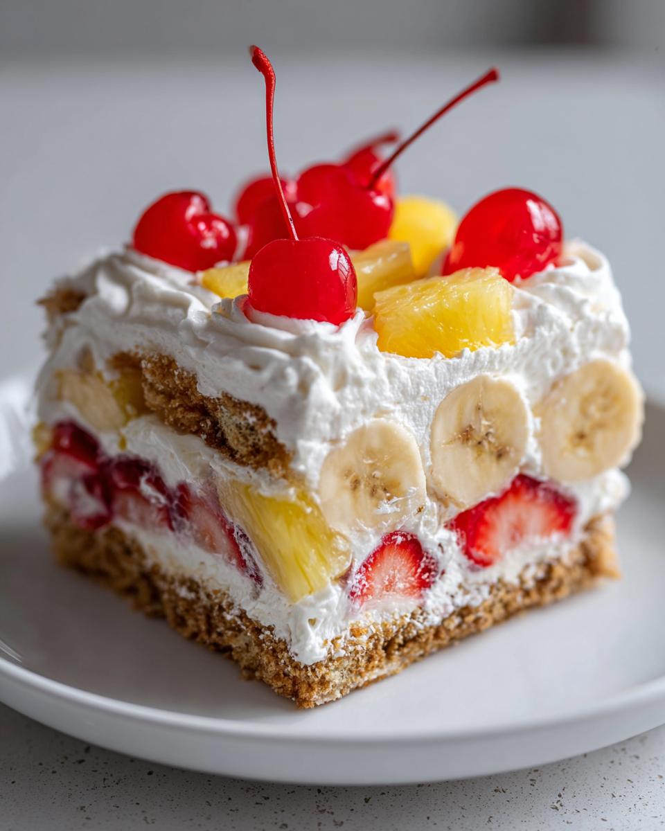 A perfect square slice of banana split cake layered with graham cracker crust, cream, strawberries, bananas, pineapple, and topped with whipped cream and maraschino cherries.