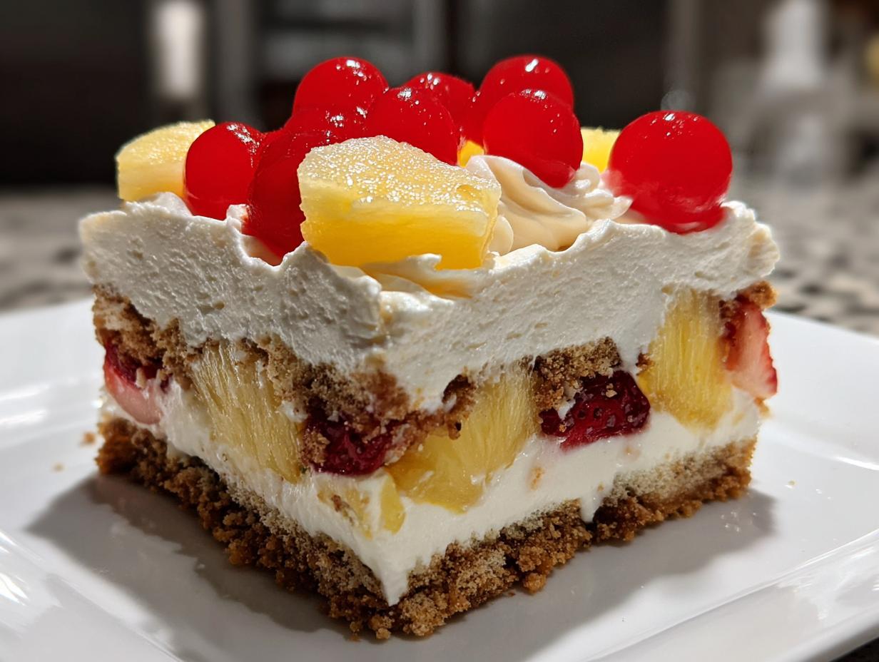 A close-up slice of banana split cake showing layers of graham cracker crust, cream filling, pineapple, strawberries, and topped with whipped cream and cherries.