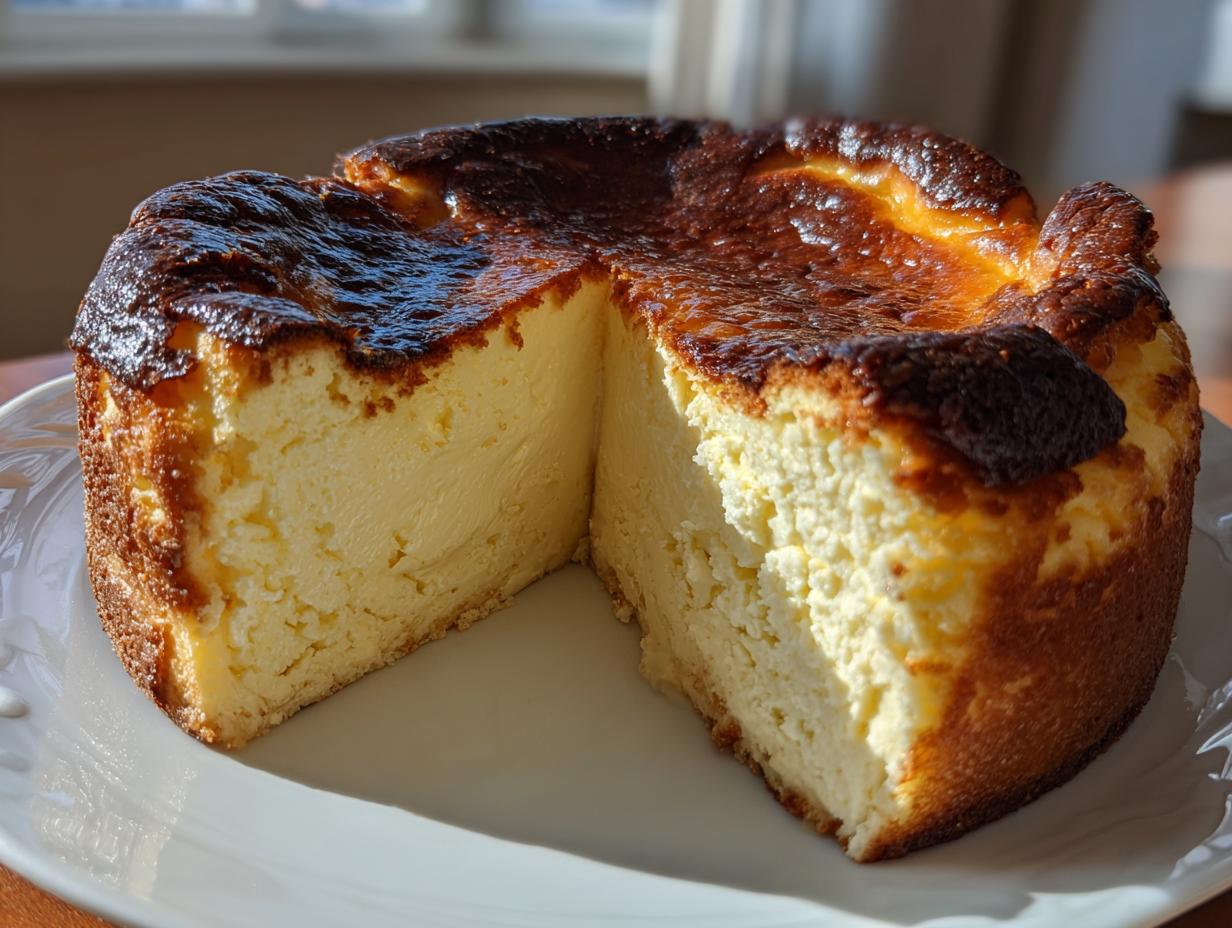 A large, creamy Basque burnt cheesecake with a deeply caramelized top, cut to show the soft interior.