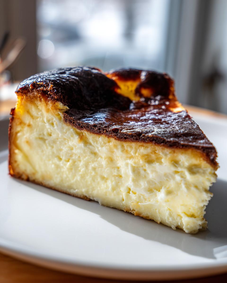 A close-up slice of creamy Basque burnt cheesecake with a dark, caramelized top.
