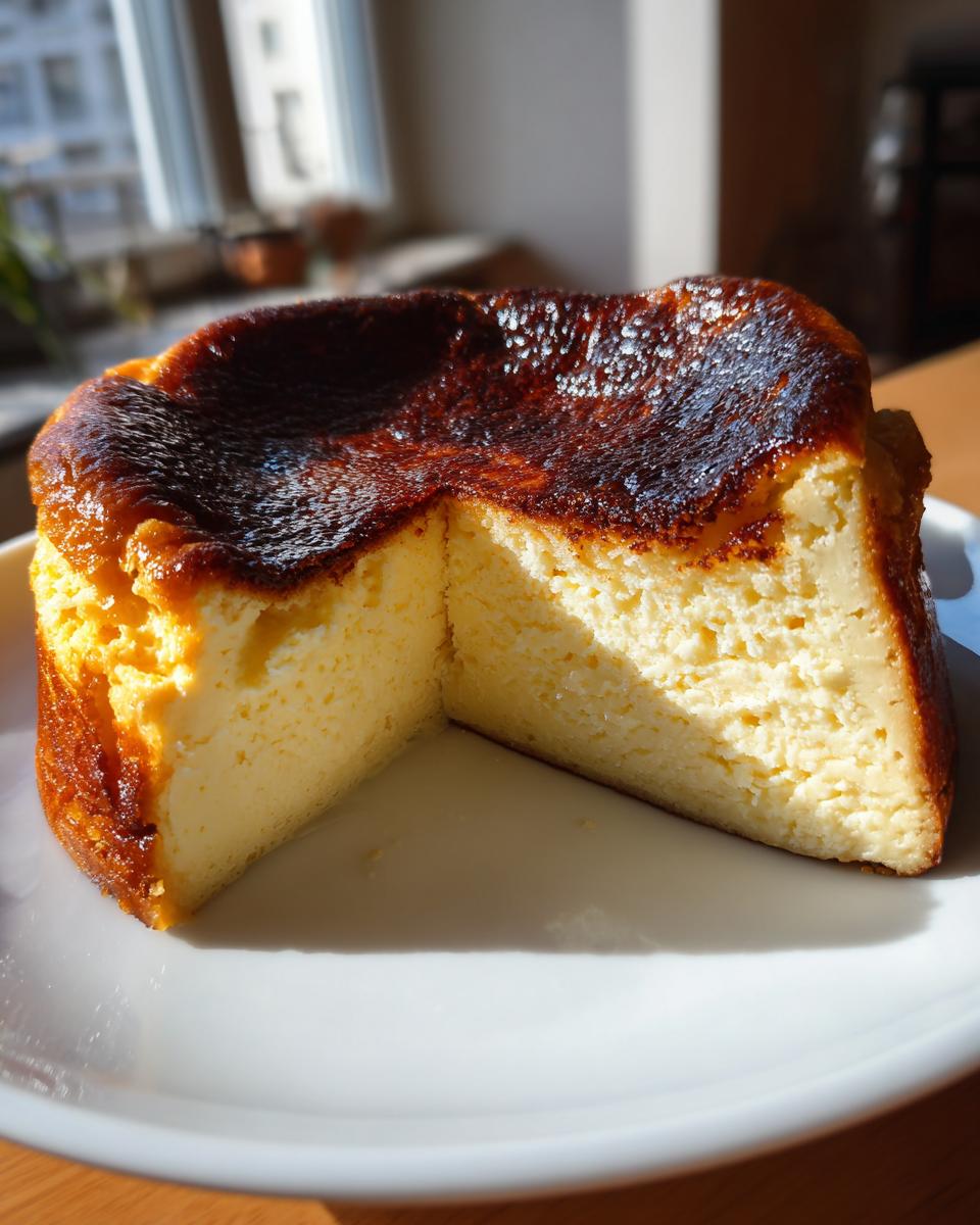 A creamy slice cut from a Basque burnt cheesecake showing its signature dark, caramelized top and light interior.