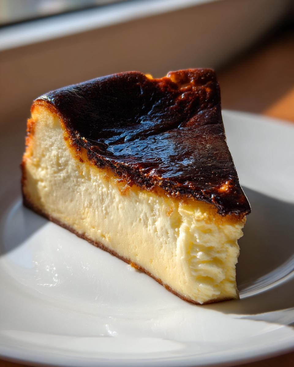 A perfect slice of creamy Basque burnt cheesecake featuring a deeply caramelized, dark top crust, sitting on a white plate.