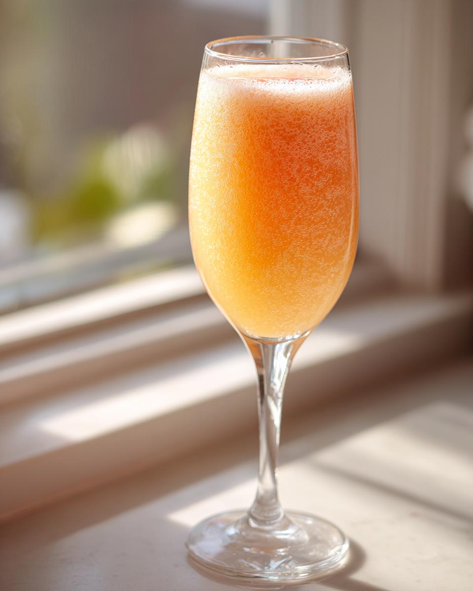 A fizzy, orange-hued bellini recipe drink served in a tall champagne flute glass near a sunlit window.