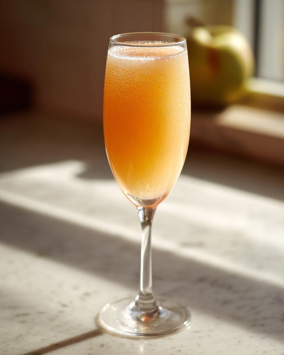 A fizzy, orange-hued bellini recipe cocktail served in a tall champagne flute on a sunny marble surface.