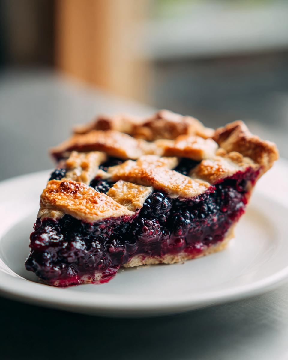 A close-up of a juicy slice of blackberry pie featuring a golden lattice crust.