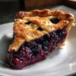 A close-up of a juicy slice of blackberry pie featuring a rich, dark filling and a golden, flaky lattice crust.