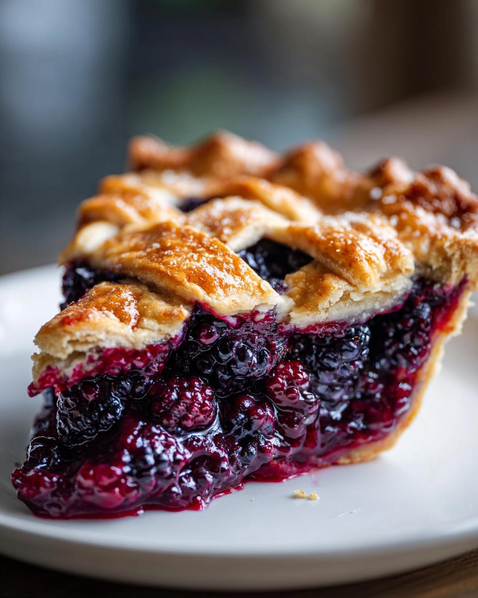 Close-up of a juicy slice of blackberry pie featuring a thick, glistening blackberry filling and a golden, flaky lattice crust.