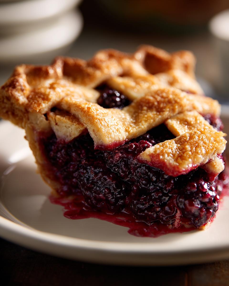 Close-up of a juicy slice of blackberry pie showing a flaky lattice crust and rich, dark berry filling.