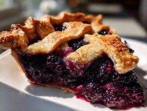 Close-up of a juicy slice of blackberry pie showing the rich, dark filling and golden, flaky lattice crust.