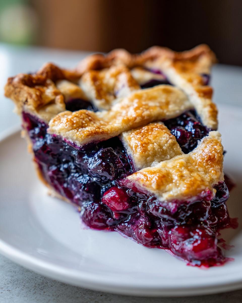 Close-up of a juicy slice of blackberry pie showing the rich purple filling and golden lattice crust.