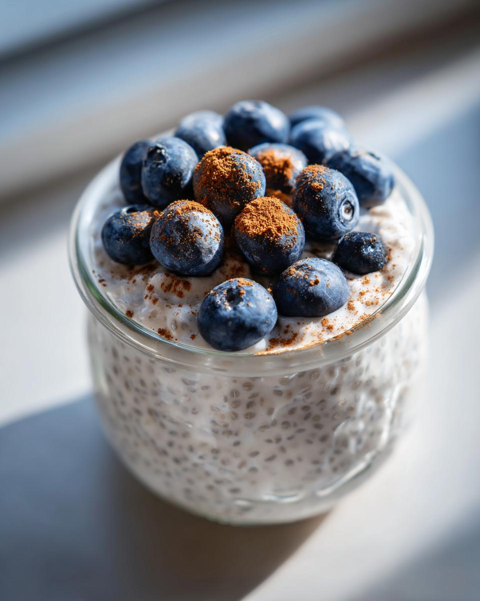 Close-up of creamy chia seed pudding topped with fresh blueberries and cinnamon.
