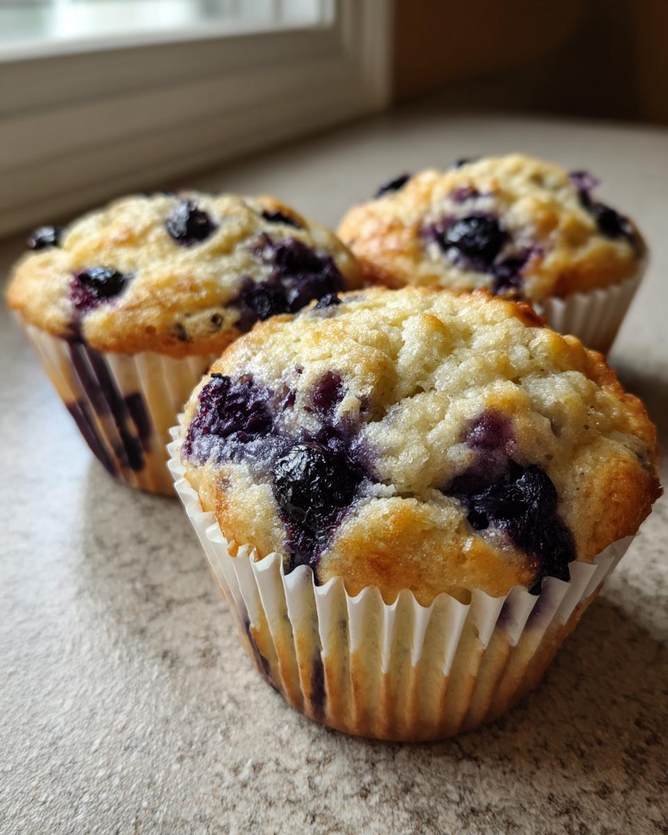 Close-up of three freshly baked blueberry protein muffins with golden tops sitting on a countertop.