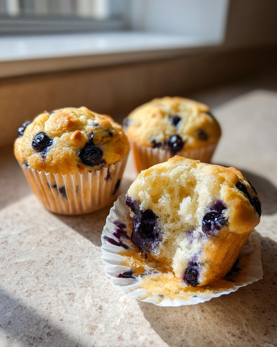 Close-up of three blueberry protein muffins, one broken open to show the moist interior texture.