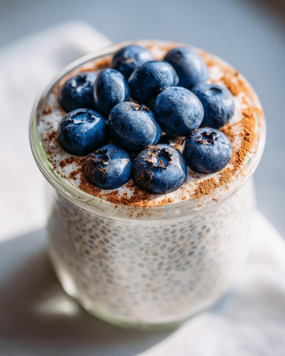 Close-up of creamy chia seed pudding topped with fresh blueberries and a dusting of cinnamon.