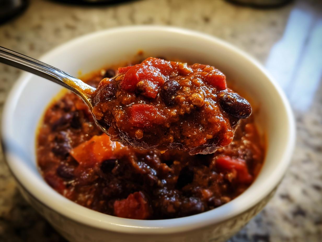 Close-up of a spoonful of rich, thick black bean chili being lifted from a white bowl.