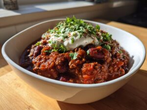 A close-up of a hearty bowl of high protein chili topped with a dollop of sour cream and fresh cilantro.