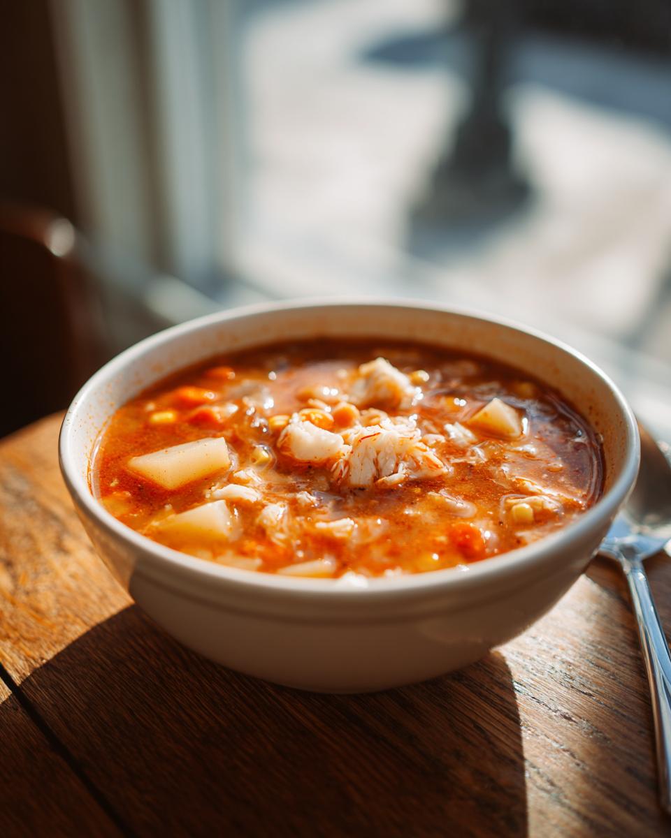 Close-up of a white bowl filled with rich, red broth maryland crab soup, featuring visible chunks of crab meat and vegetables.
