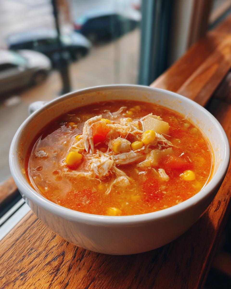 Close-up of a bowl of bright orange maryland crab soup containing shredded meat, corn, and diced vegetables.