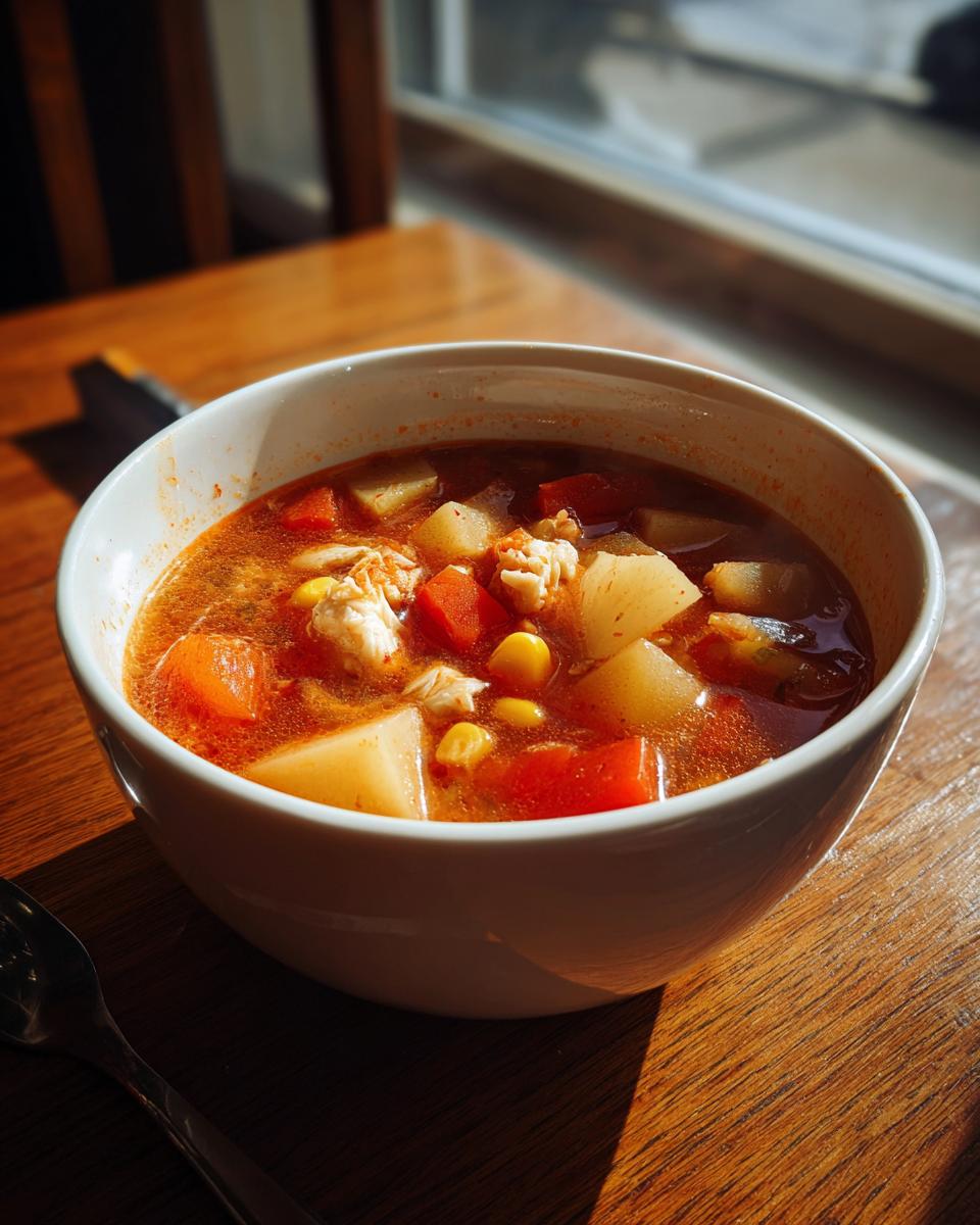 A white bowl filled with rich, red maryland crab soup containing chunks of crab meat, potatoes, carrots, and corn.