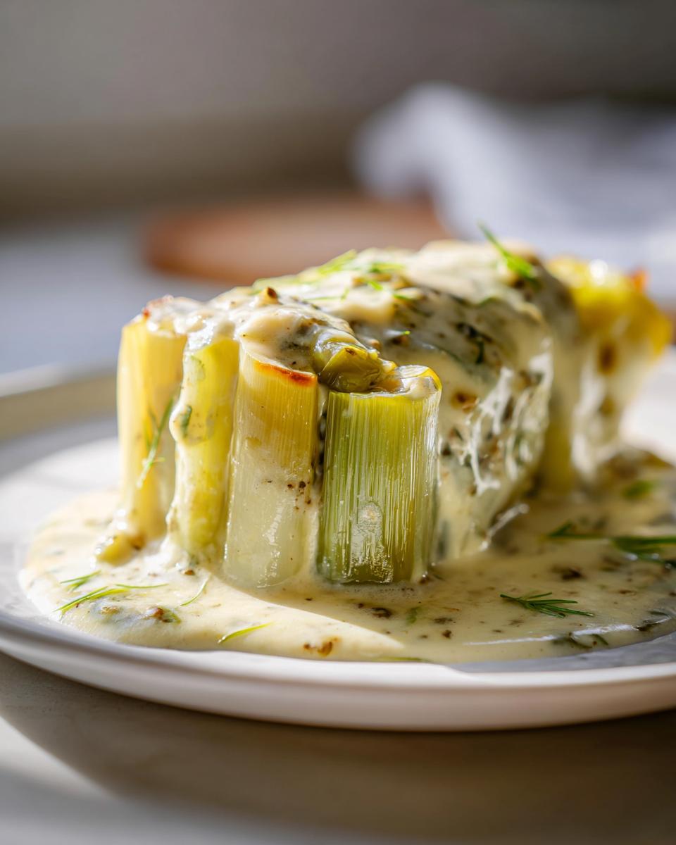 Close-up of tender braised leeks standing upright, smothered in a rich, creamy sauce and garnished with herbs.