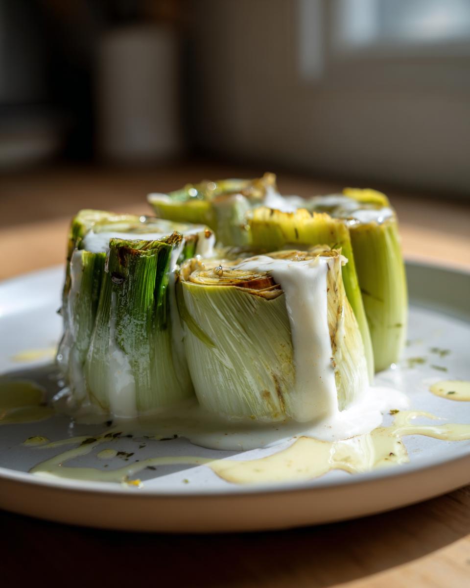 Four pieces of tender braised leeks topped with a rich white cream sauce, served on a light plate.
