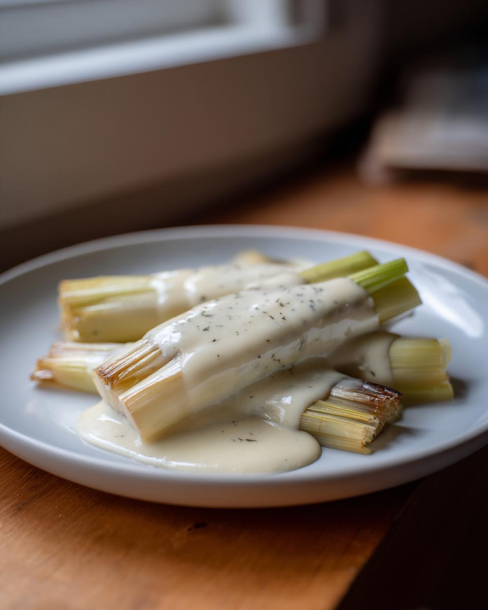 Close-up of tender braised leeks covered in a creamy white sauce, sprinkled with herbs.