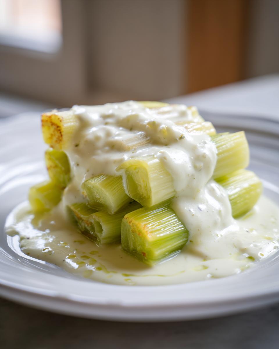 Close-up of tender braised leeks stacked and generously covered in a creamy white sauce.