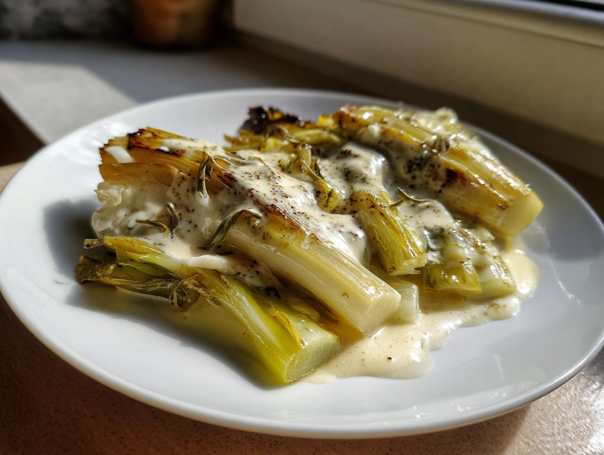 Four pieces of tender braised leeks covered in a creamy sauce and sprinkled with herbs and pepper.