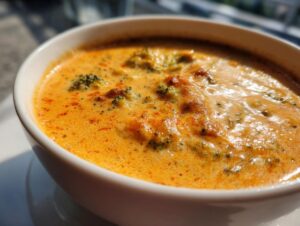 Close-up of a rich, creamy bowl of homemade broccoli cheddar soup with visible florets.