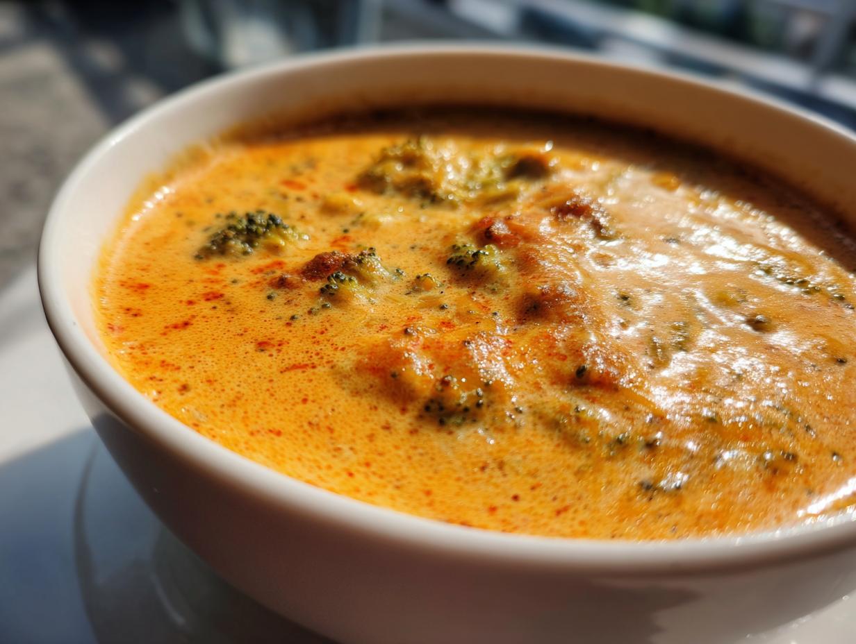 Close-up of a rich, creamy bowl of homemade broccoli cheddar soup with visible florets.