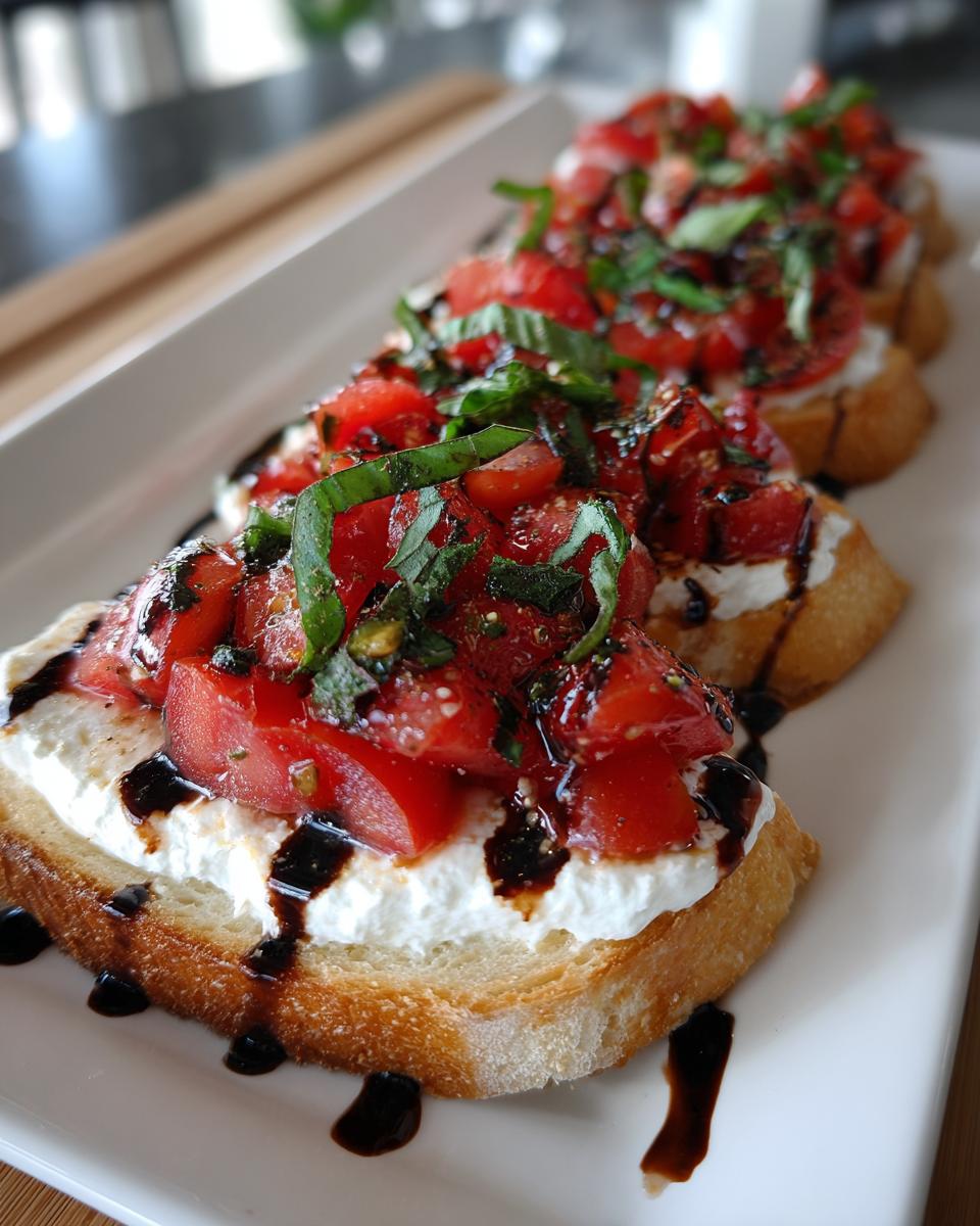 Close-up of crostini topped with creamy cheese, diced tomatoes, basil, and balsamic glaze, resembling bruschetta dip.