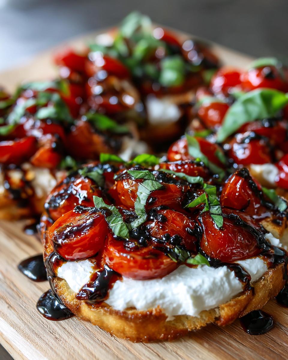 Close-up of toasted bread topped with creamy cheese, roasted tomatoes, basil, and balsamic glaze, resembling a bruschetta dip serving.