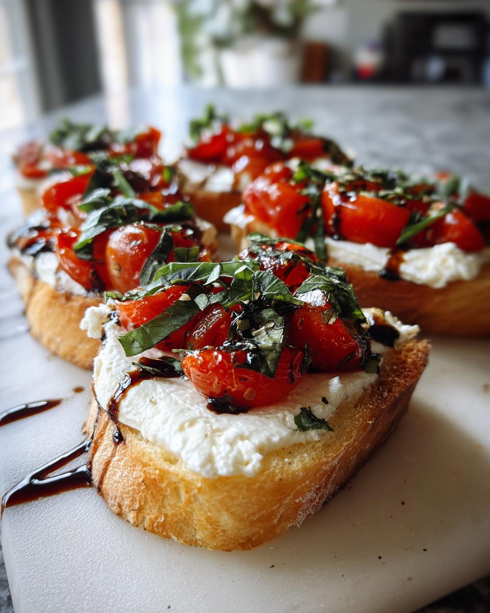 Close-up of toasted bread slices topped with creamy cheese, roasted tomatoes, basil, and balsamic glaze, ready to serve with bruschetta dip.
