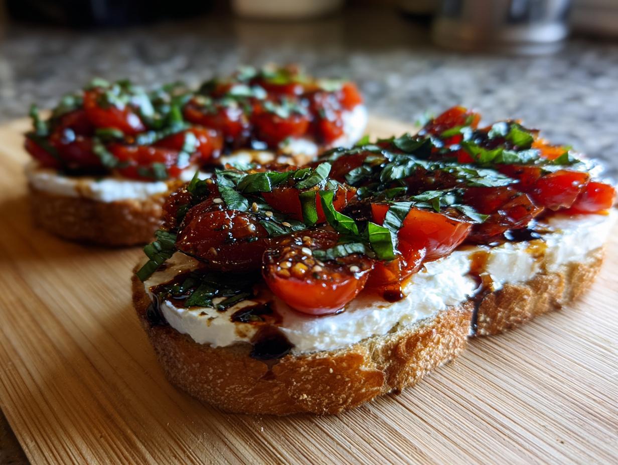 Close-up of toasted bread topped with creamy cheese, marinated tomatoes, and fresh basil, resembling a bruschetta dip serving.