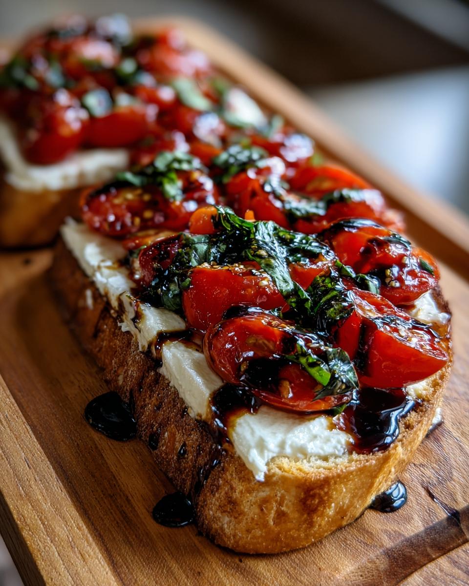 Close-up of a toasted baguette slice topped with cream cheese, halved cherry tomatoes, basil, and balsamic glaze, resembling a bruschetta dip serving.