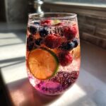 Close-up of a glass filled with bubbly pink champagne punch, mixed berries, and a bright lime slice.