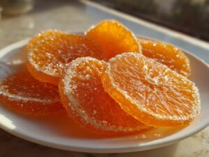 Close-up of glistening, sugar-coated candied orange slices piled on a white plate, beautifully lit by sunlight.