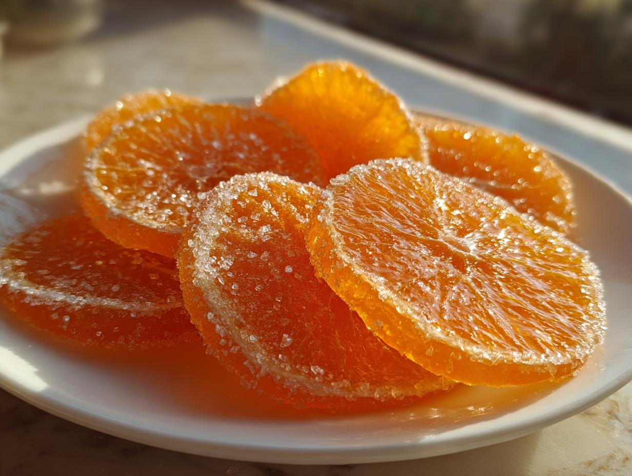 Close-up of glistening, sugar-coated candied orange slices piled on a white plate, beautifully lit by sunlight.