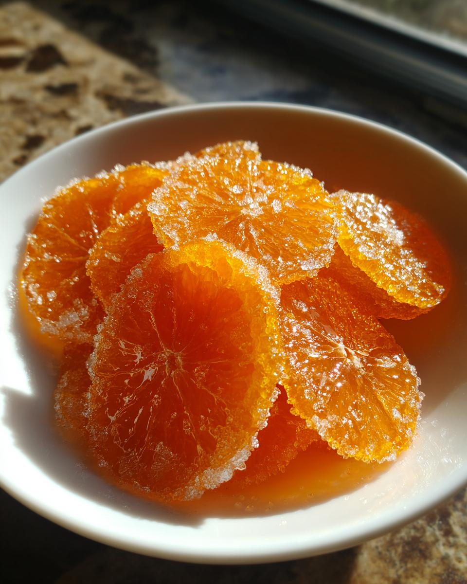 Close-up of glistening, bright orange candied orange slices heavily coated in sparkling sugar crystals.