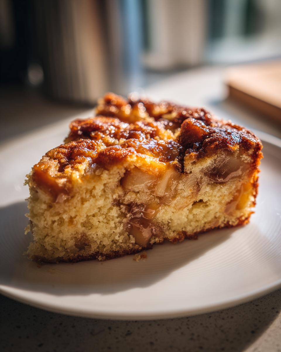 Close-up of a moist slice of caramel apple dump cake showing tender cake, baked apples, and a sticky caramel topping.
