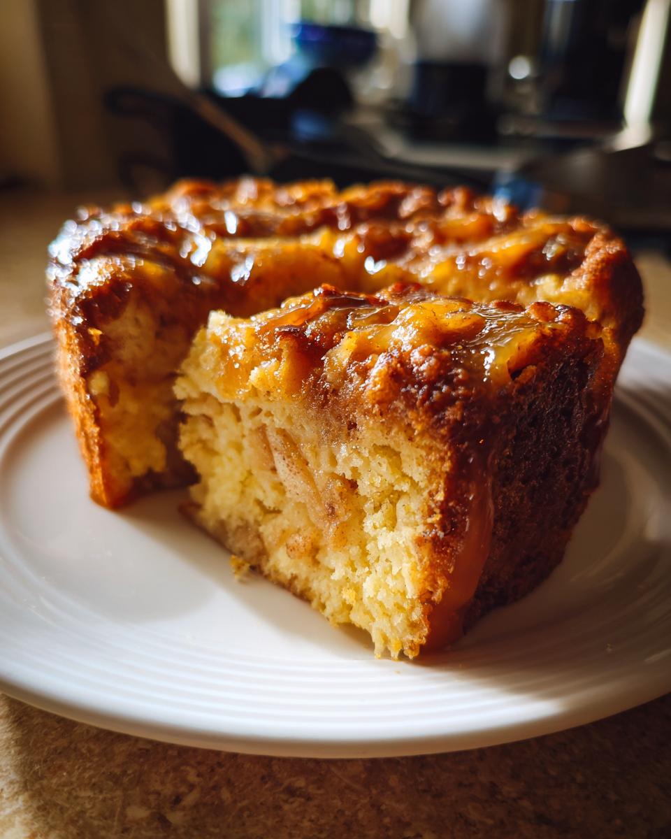 A slice cut from a rich, moist caramel apple dump cake, showing the apple filling and cake texture.
