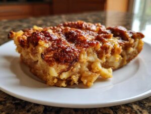 Close-up of a moist slice of caramel apple dump cake with a rich, caramelized topping.