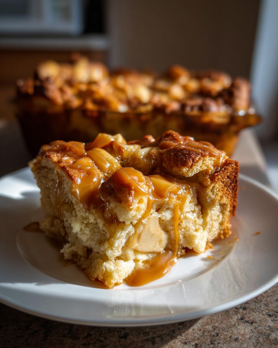 A moist slice of caramel apple dump cake topped with gooey caramel sauce, served on a white plate.