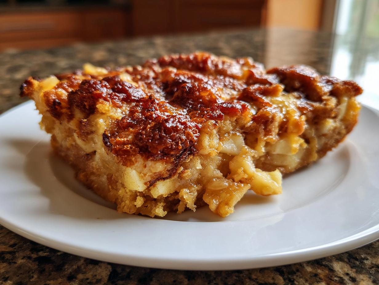 Close-up of a moist slice of caramel apple dump cake with a rich, caramelized topping.
